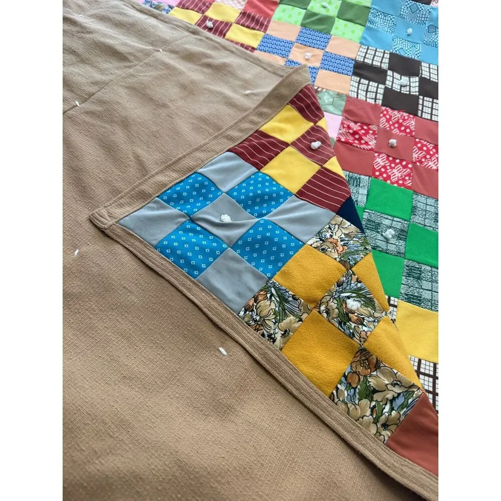 Vintage Handmade Polyester Double Knit Patchwork Tied Comforter Queen Granny